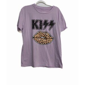 Kiss Womens Purple Polycotton T-Shirt Leopard Print Lips Short Sleeve 2XL